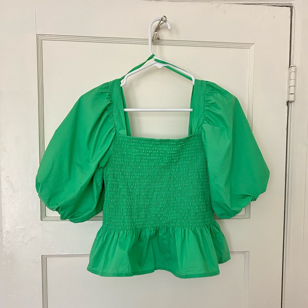 THML Kelly Green Puff Sleeve Peplum Top